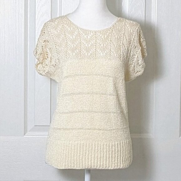 ANN STEVENS Vintage Women's Crocheted Short Sleeve Sweater Size M  Ivory - Picture 1 of 6